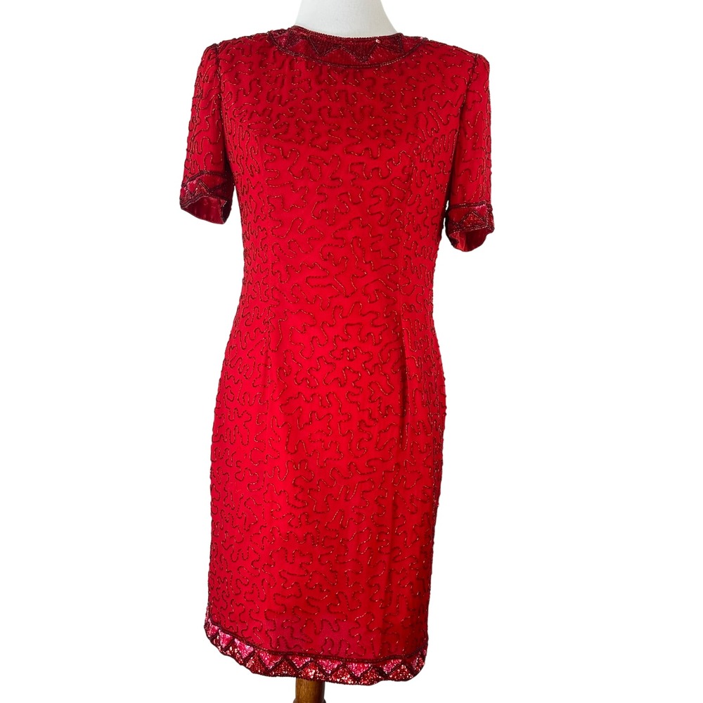 Parisian Room Silk Red Beaded Sequin Sheath Dress Short Sleeve Vintage Womens 8